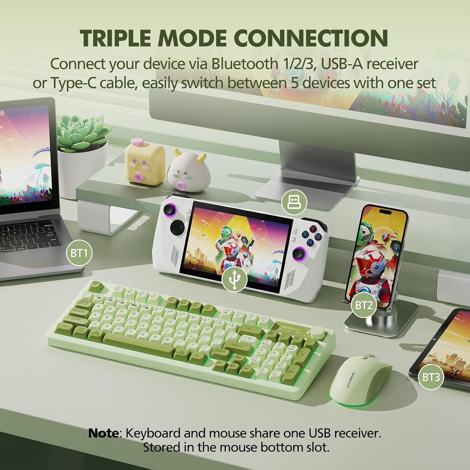 Wireless Keyboard and Mouse Combo Creamy with Number Pad for Desktop Mac iPad Bluetooth/2.4ghz/Wired Rechargeable