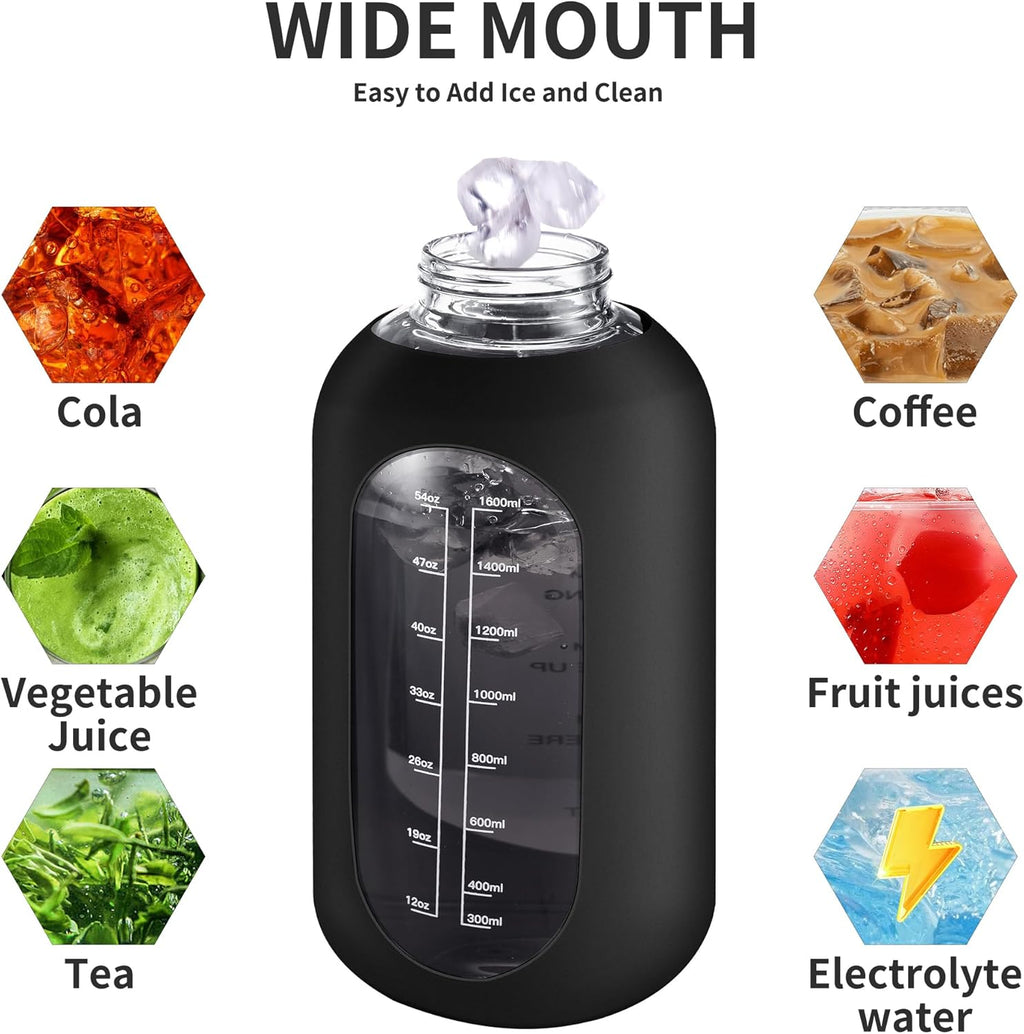 64 oz Glass Water Bottle with Straw, Half Gallon Large Water Jug | Motivational, Time Marker, Leakproof Lids, Wide