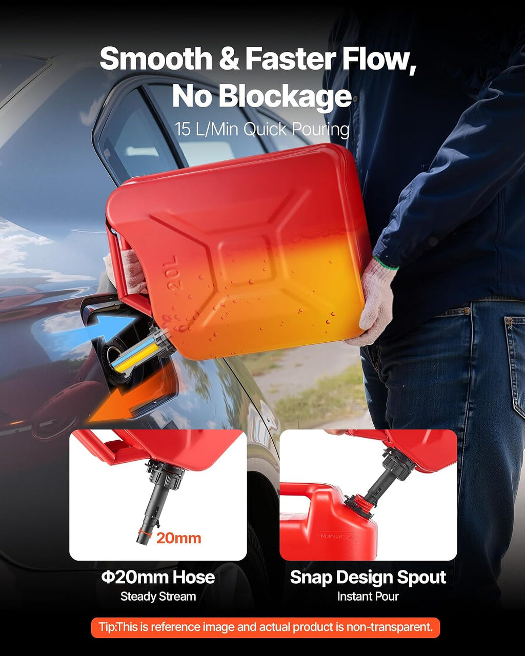 Metal Fuel Container, 5.3 Gallon, Fuel Jerry Can with Spout and Comfort Handle, 6 L/min Max Flow Rate, Leakproof &
