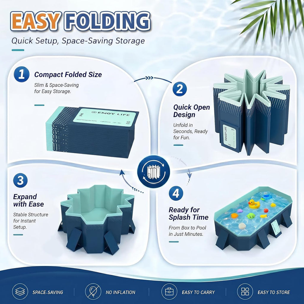 113" Foldable Pool for Adults & Kids, Large Capacity Non Inflatable Pool, Portable Hard-Side Foldable Swimming Pool