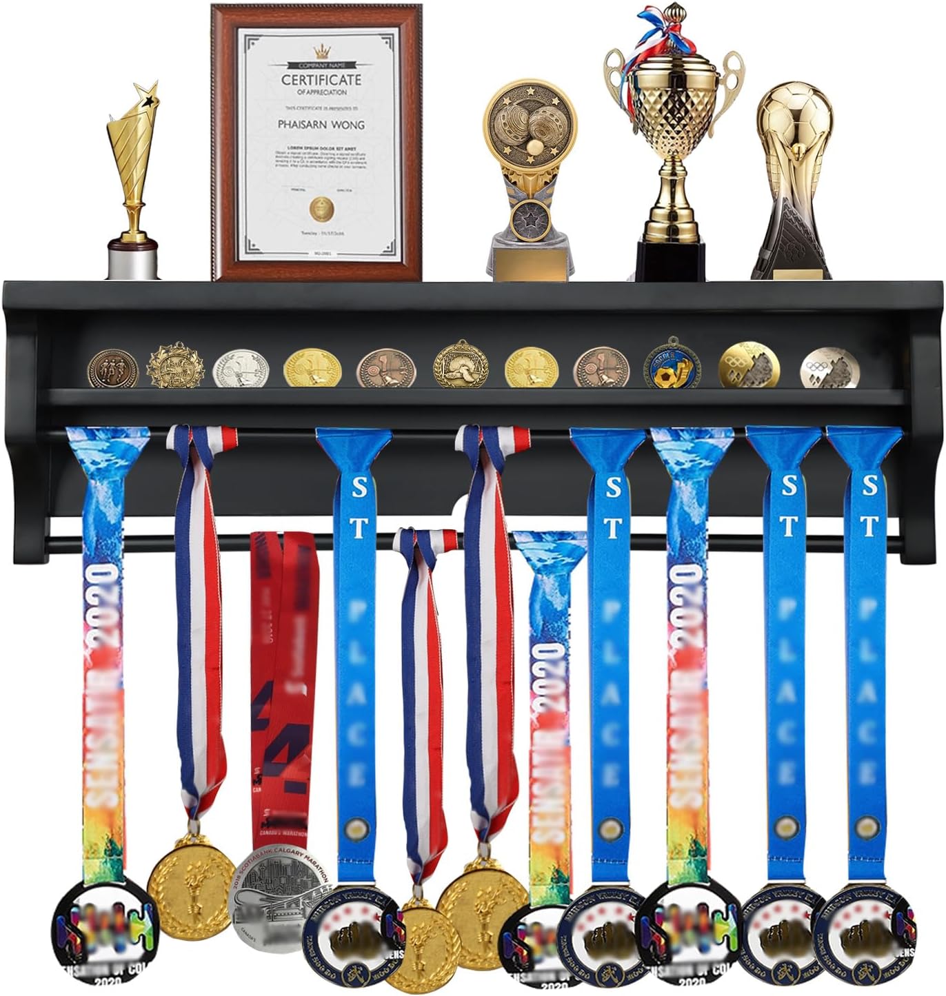 Medal Hanger Display Shelf Medal Rack Display Holder Black | Solid Wood，Wall Mount, Runners, Marathon, Race Winner
