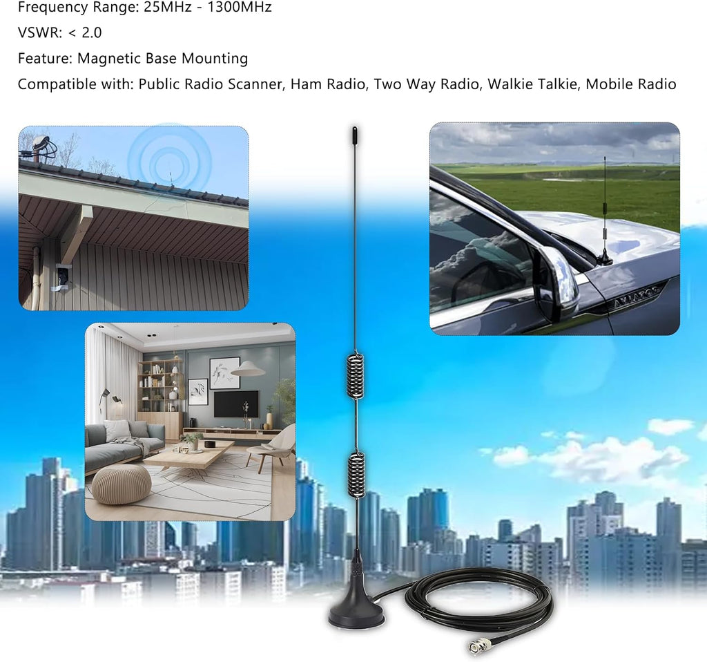 Police Scanner Antenna for Home, 25-1300MHz VHF UHF GMRS FM, 2m 70cm Mobile Ham Radio Antennas with Magnetic Base/BNC