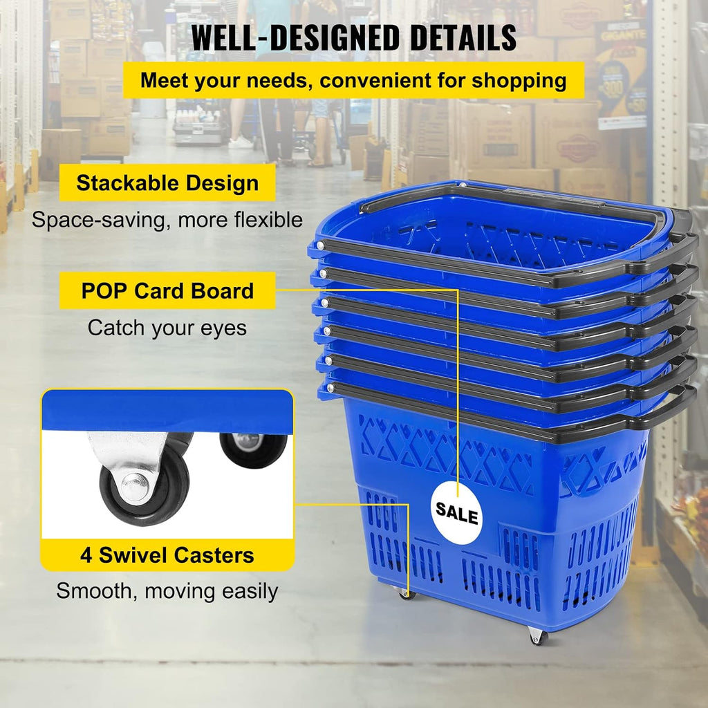 6PCS Shopping Carts, Blue Shopping Baskets with Handles, Plastic Rolling Shopping Basket with Wheels, Portable