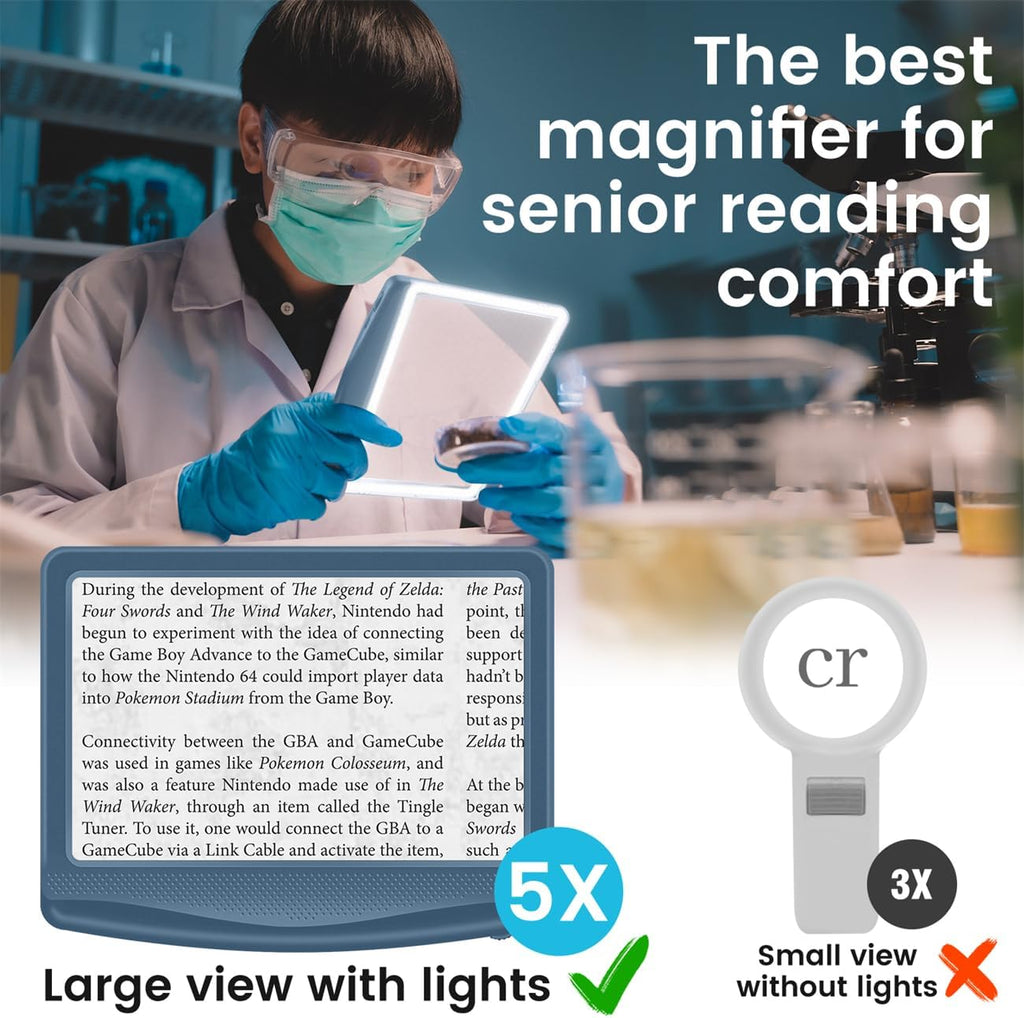 Rechargeable 5X Magnifying Glass for Reading, Large Bright Full Page Magnifier with Light, Handheld LED Dimmable