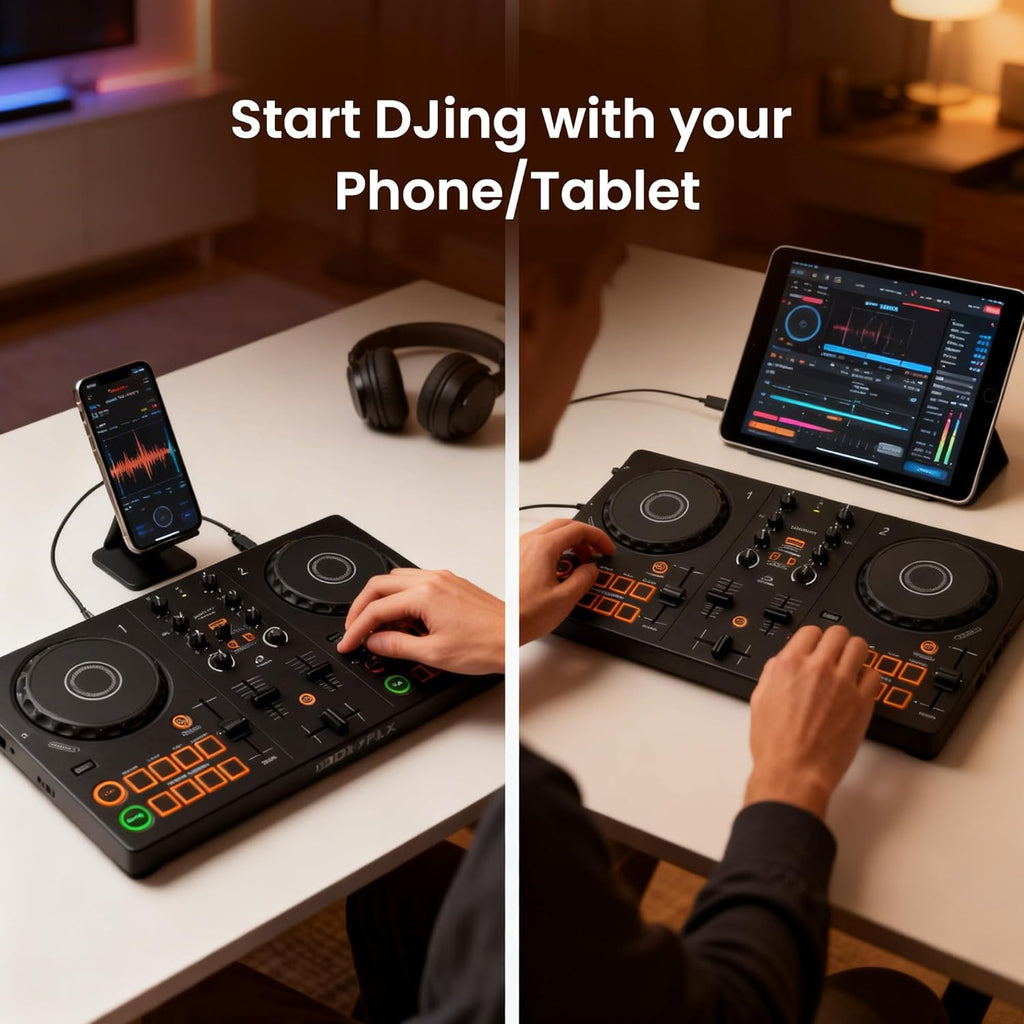Pioneer DJ AlphaTheta DDJ-FLX2 Compact 2-Channel DJ Controller Bundle with Laptop Stand, Headphones, and Austin
