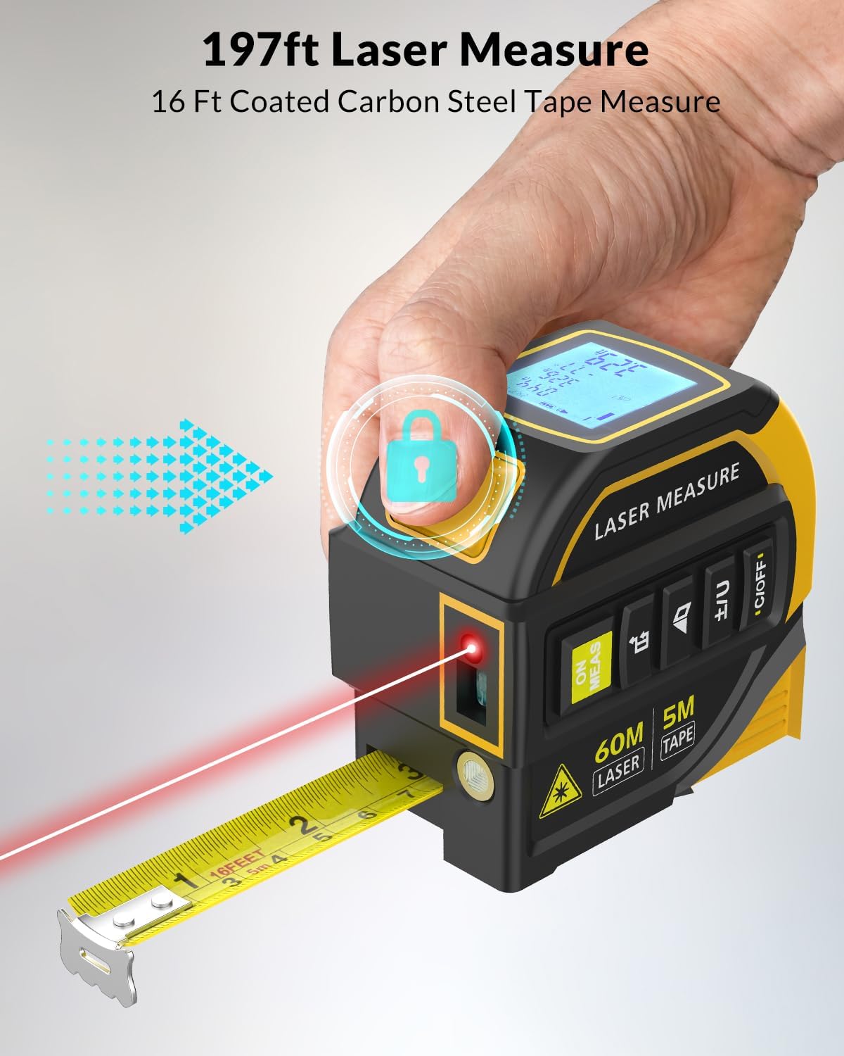 Laser Tape Measure 4-in-1, 197FT Laser Distance Meter with 16FT Auto-Lock Tape, Cross-Line Laser Level, Dual-Axis