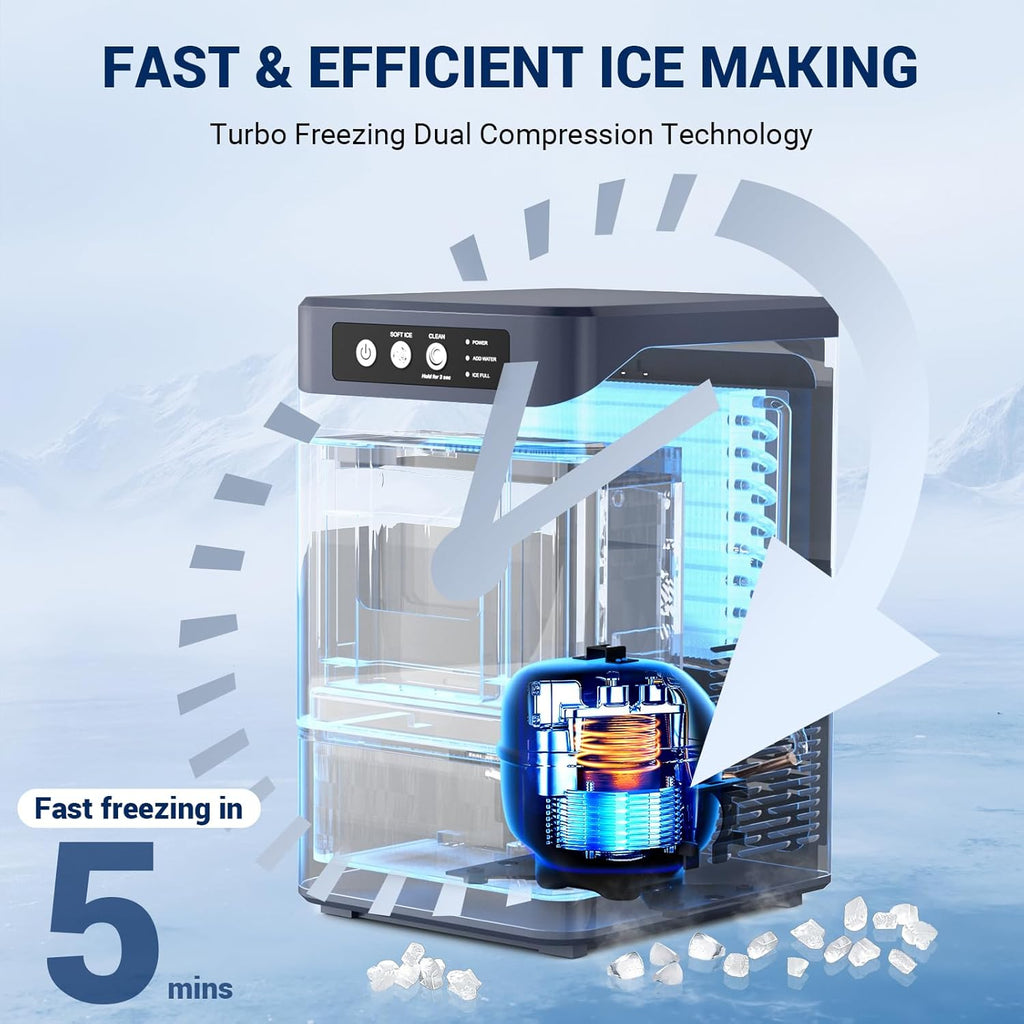 Nugget Ice Maker, 44Lbs/24H Ice Maker Countertop with 3L+1.2L Water Tanks