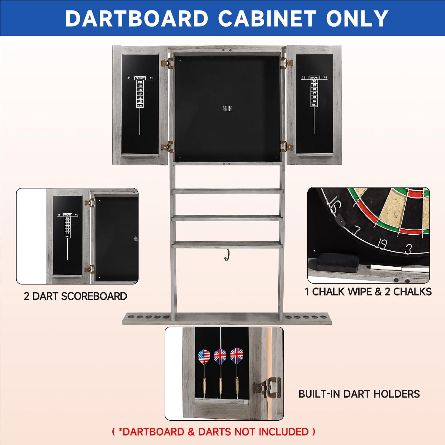 GSE Wall Mounted Billiard Pool Cue Rack & Dart Board Cabinet Only | Dart Scoreboard Included, 100% Solid Wood, Hold