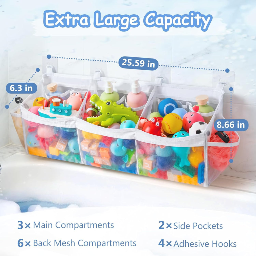 Extra Large Bath Toy Organizer with 3 Compartments and Multiple Pockets, Quick-Dry Mesh Bathtub Storage for Kids' Toys