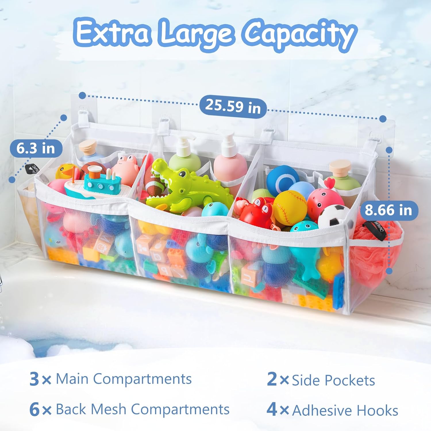 Extra Large Bath Toy Organizer with 3 Compartments and Multiple Pockets, Quick-Dry Mesh Bathtub Storage for Kids' Toys