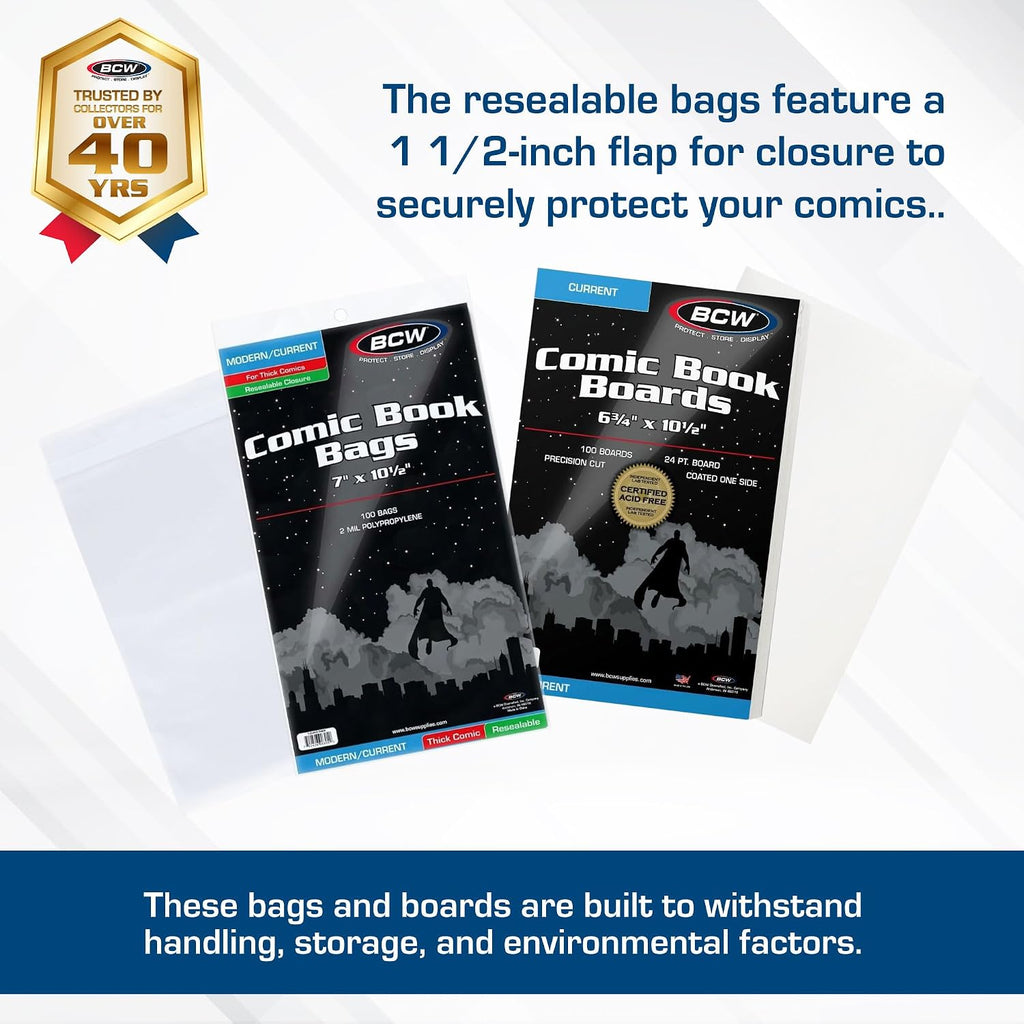 Resealable Thick Current Comic Bags & Backing Boards (100 ct) | Acid-Free Comic Bags and Boards Storage & Protector |