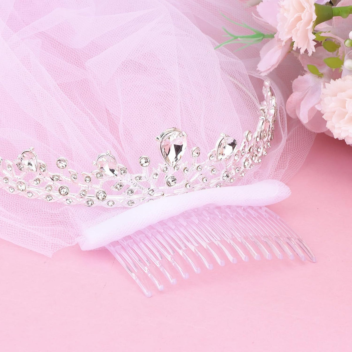 Wedding Tiara and Veil Set for Bride, Silver Bridal Crown with White Wedding Veil, Bridal Hair Accessories for