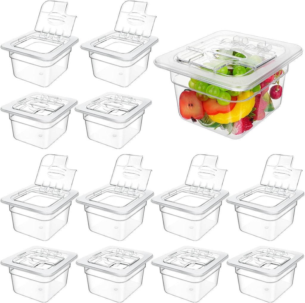 12 Packs 12 Packs Plastic Food Pan with Lid 1/6 Size 4" Deep, Clear