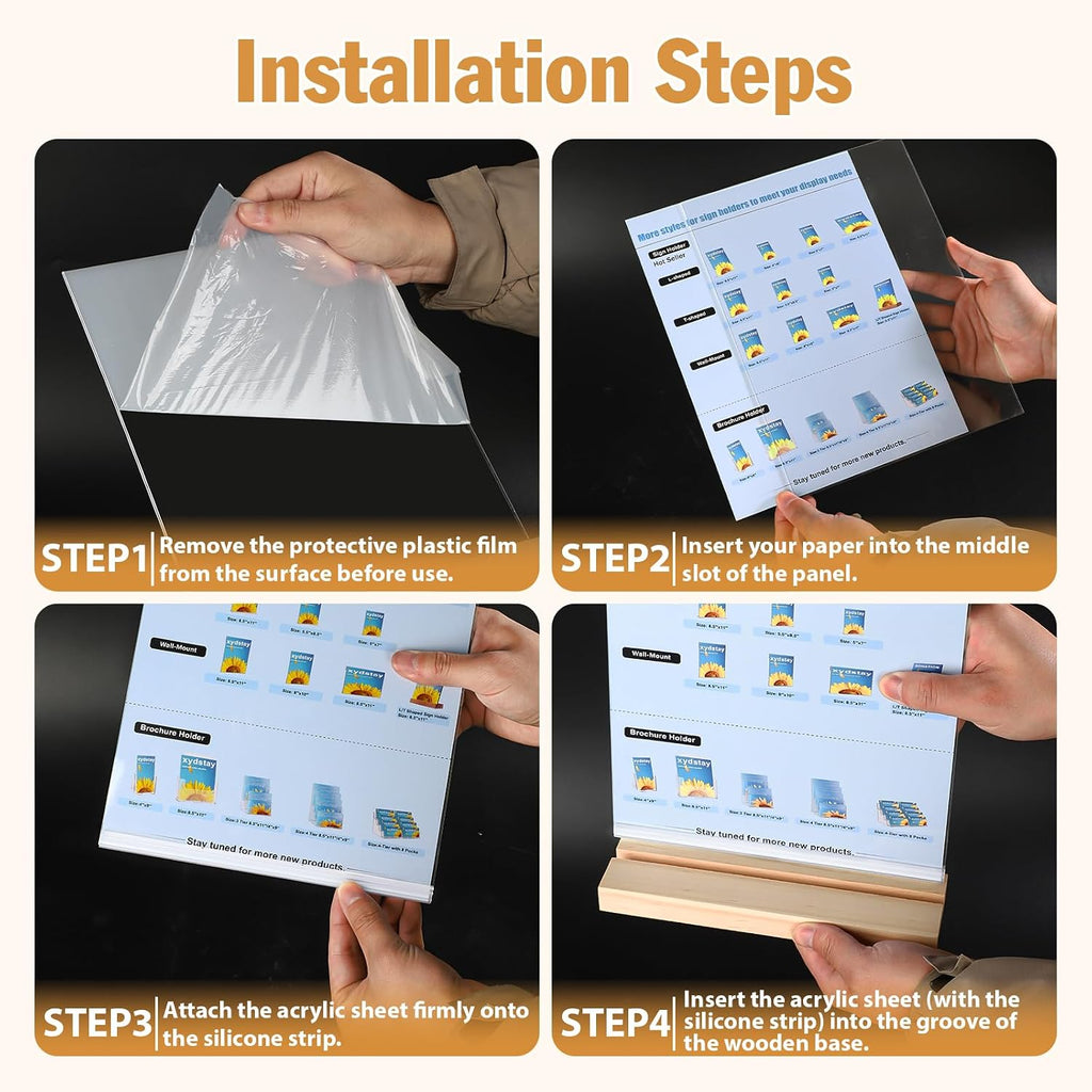 2 pack 8.5x11 Acrylic Sign Holder, L/T Shape with Wood Base | Plastic Flyer Stand Double Slot Design for Vertical or
