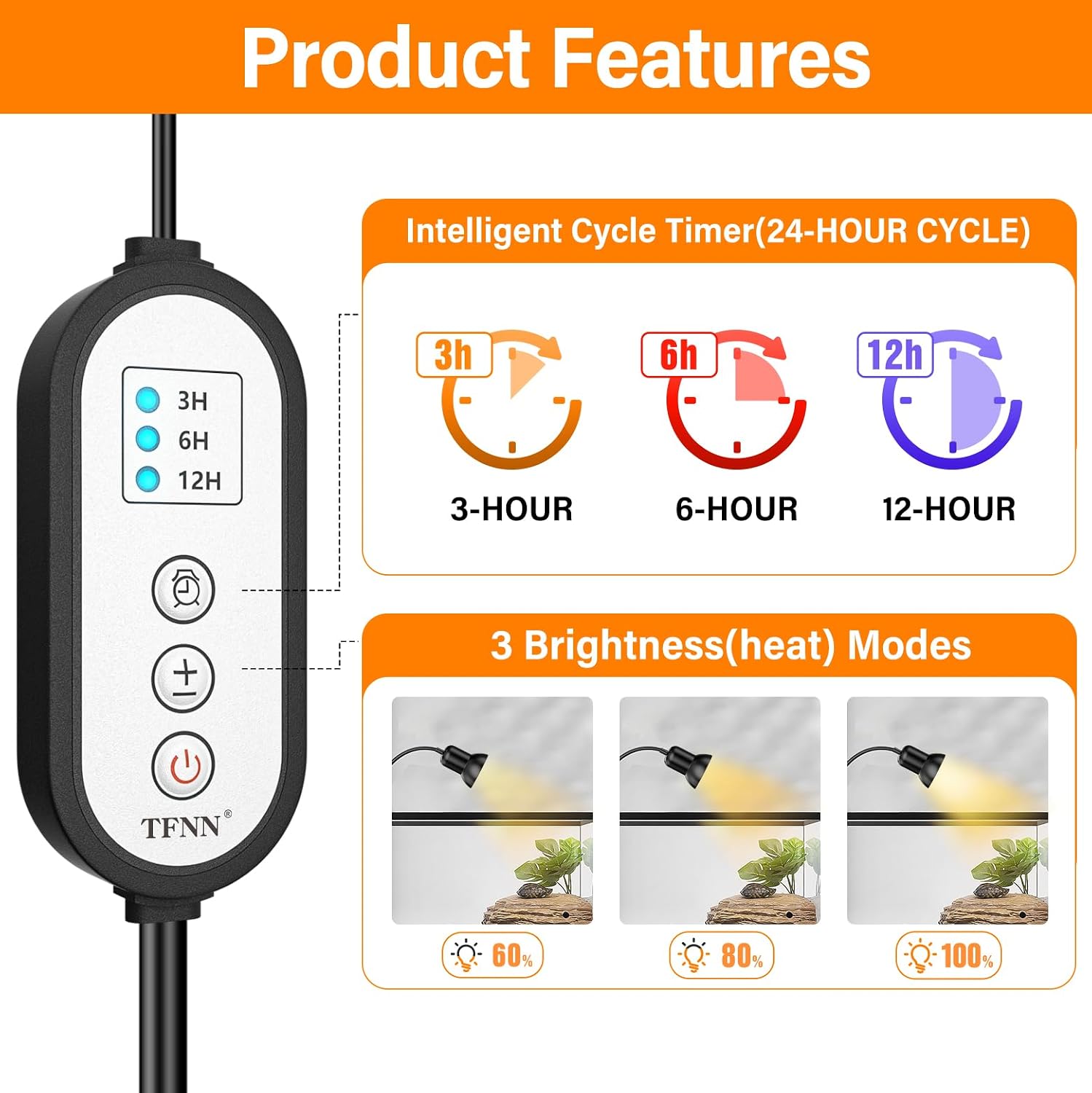 Reptile Heat Lamp, Heat Lamp with Clamp, UVA UVB Reptile Light with Intelligent Cycle Timer for Turtle, Bearded
