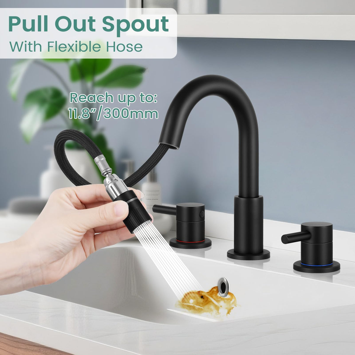Bathroom Faucet 3 Hole with Pull Down Sprayer Matte Black, 2-Handle