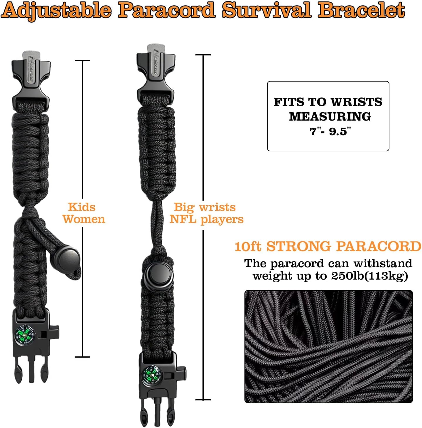 Paracord Survival Bracelet (3 Pack) - Adjustable with Fire Starter, Whistle, Compass - Survival Gear for Hiking