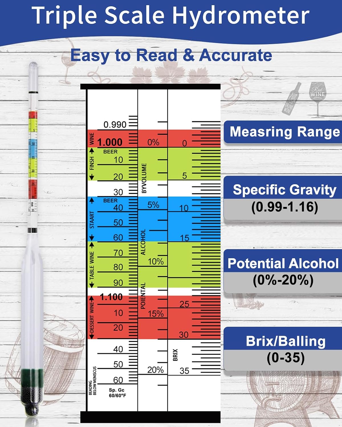 Triple Scale Hydrometer, Specific Gravity Hydrometer for Wine Making, Mead, Kombucha & Beer, Mead Making Kit, ABV