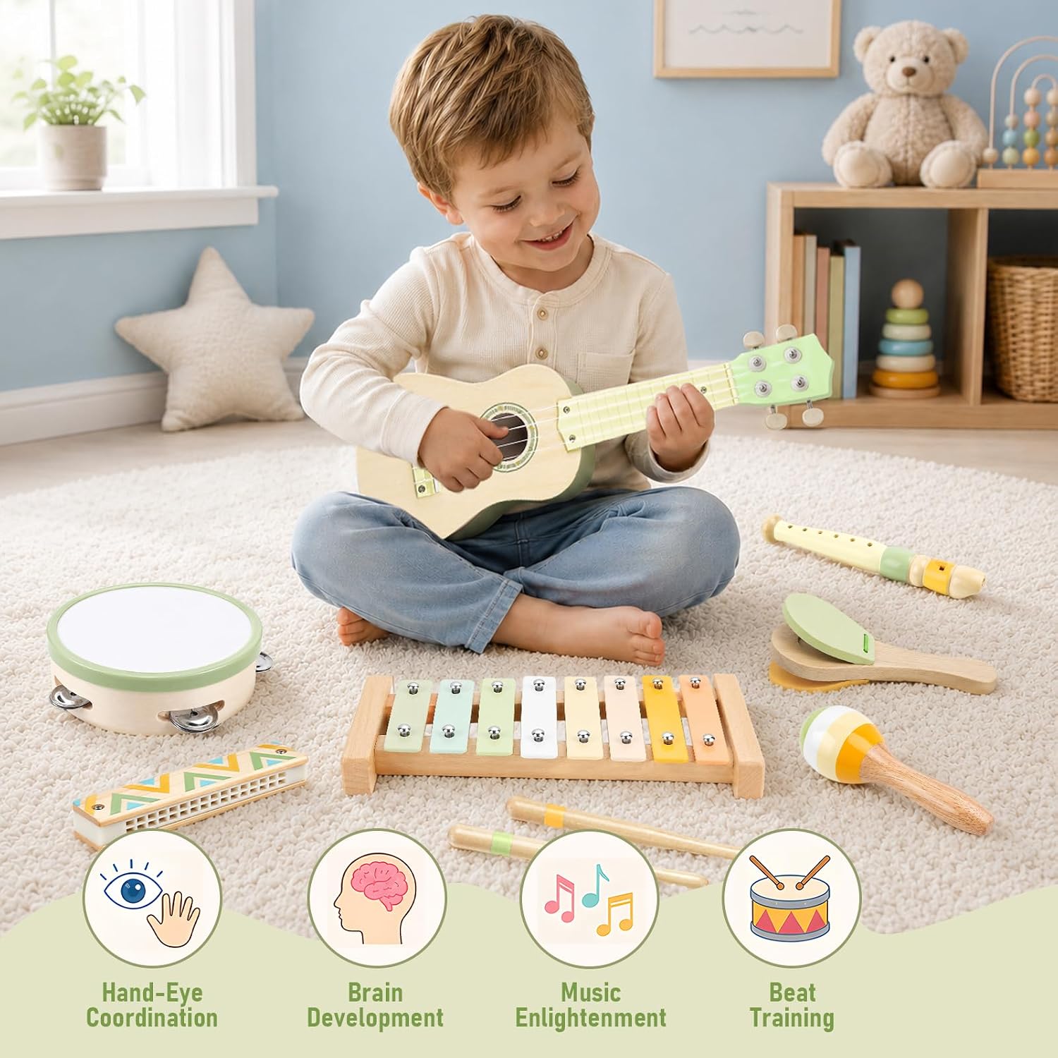 Kids Guitar Set - 8 in 1 Toddler Montessori Musical Instruments | Wooden Baby Ukulele Xylophone Tambourine Maracas