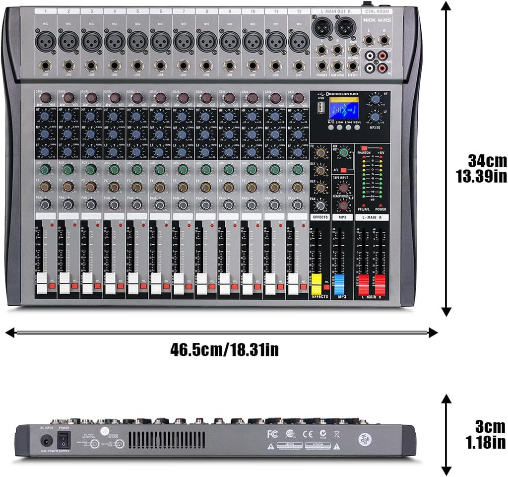 12 Channel mixer professional Audio Mixer, dj mixer with Individual Channel Control and USB Audio Recording & Editing