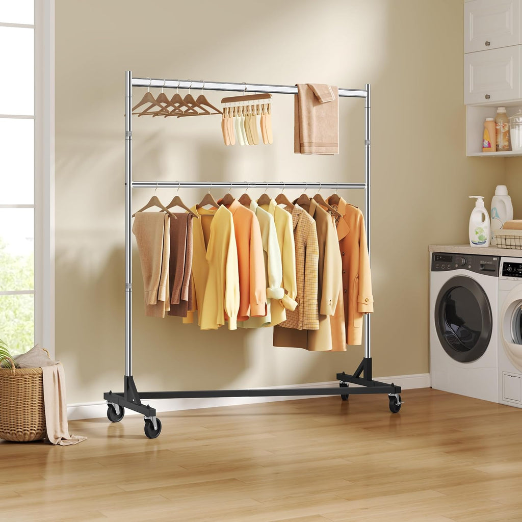 Double Rod Z Rack, Rolling Clothes Racks with Z-Base, Adjustable Clothing Rack, Standing Clothes Rack, Metal Clothing