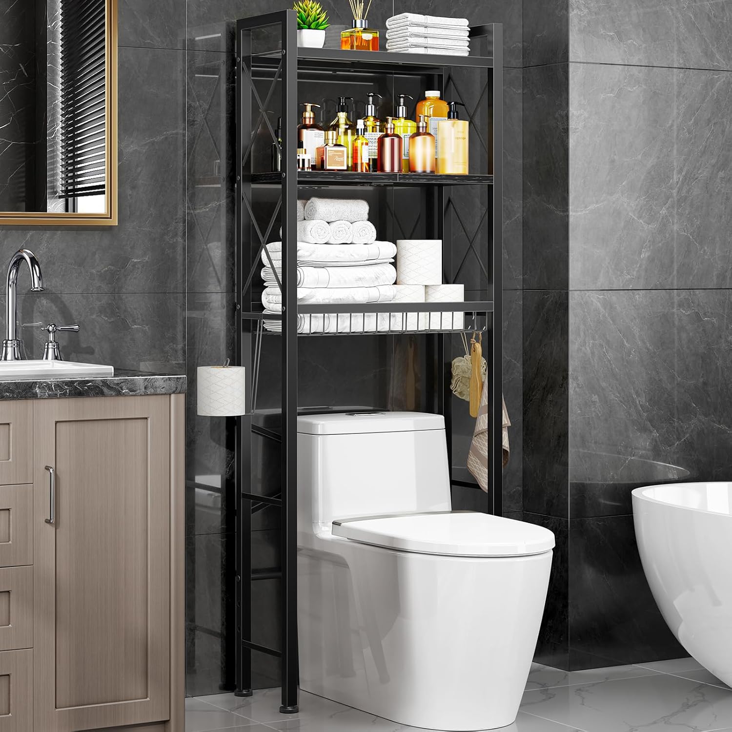 Over The Toilet Storage with X Shape Side Guardrail, 3-Tier Over Toilet Storage Rack with Drain Basket, Freestanding