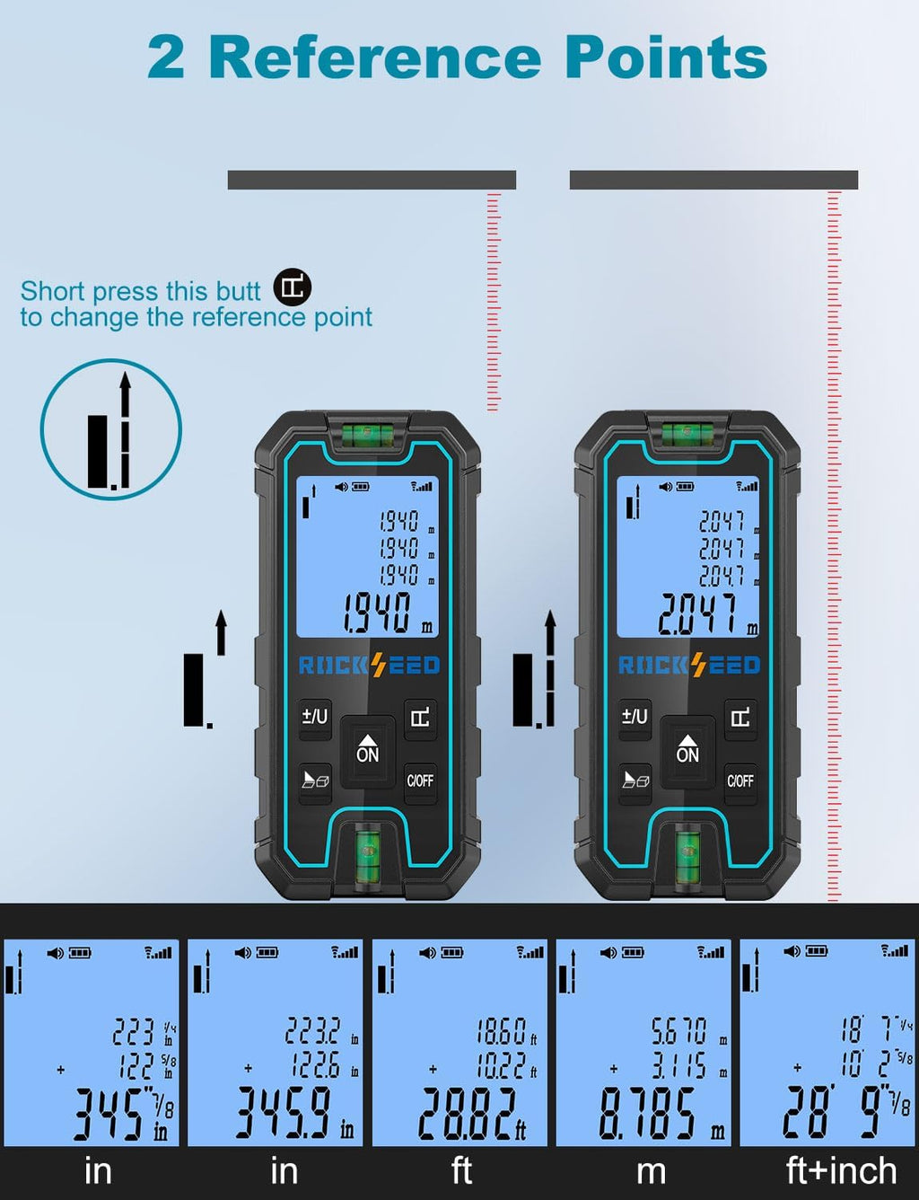 Laser Measure 165 Feet, RockSeed Portable Laser Distance Meter, Digital Distance Measurement with 2 Bubble Levels