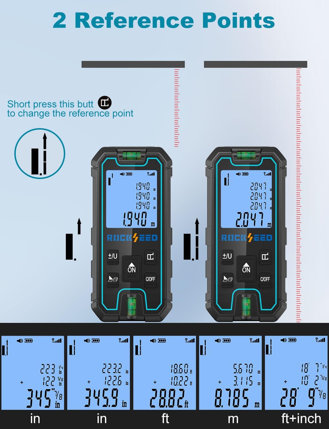 Laser Measure 165 Feet, RockSeed Portable Laser Distance Meter, Digital Distance Measurement with 2 Bubble Levels