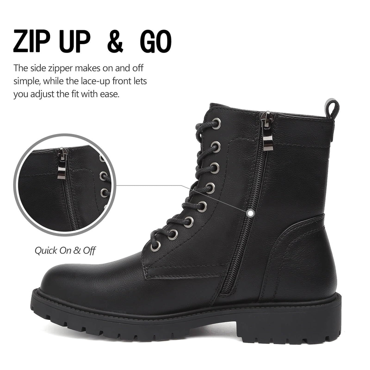 Women’s Combat Boots Lace Up Fall Ankle Booties with Side Zipper Low Heel
