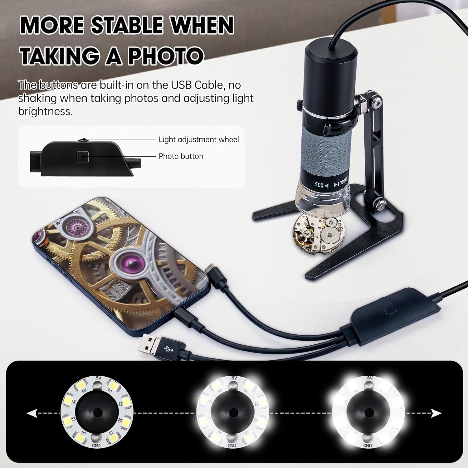 1080P USB Digital Microscope with Metal Stand, 50X-1000X Handheld Microscope Camera with 8 LED Lights Compatible with