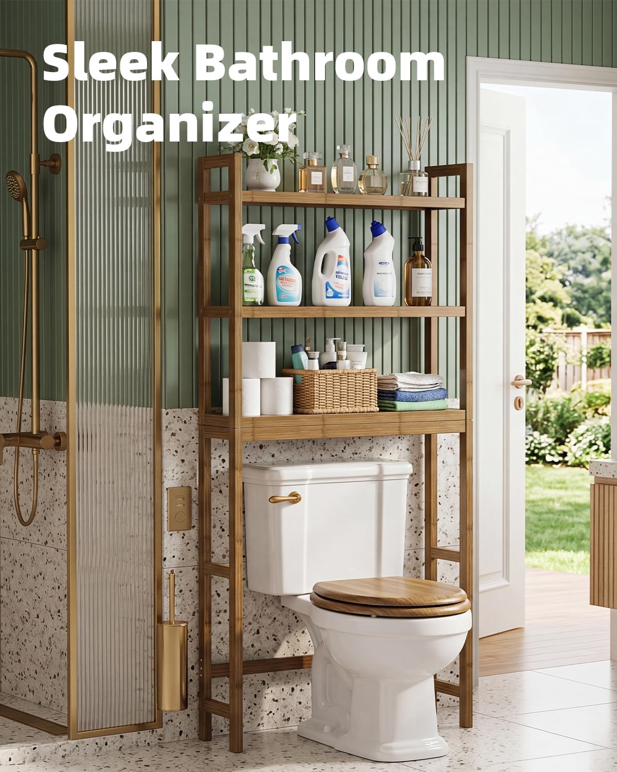 Bathroom Storage Shelf, Bamboo Over-The-Toilet Organizer Rack, Freestanding Toilet Space Saver with 3-Tier Adjustable