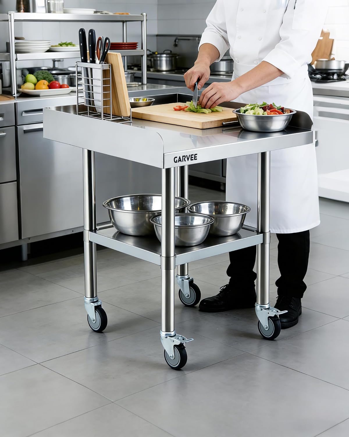 24x36 Inch Stainless Steel Work Table with Wheels, Commercial Prep Table with 3-Sided Backsplash & Height Adjustable