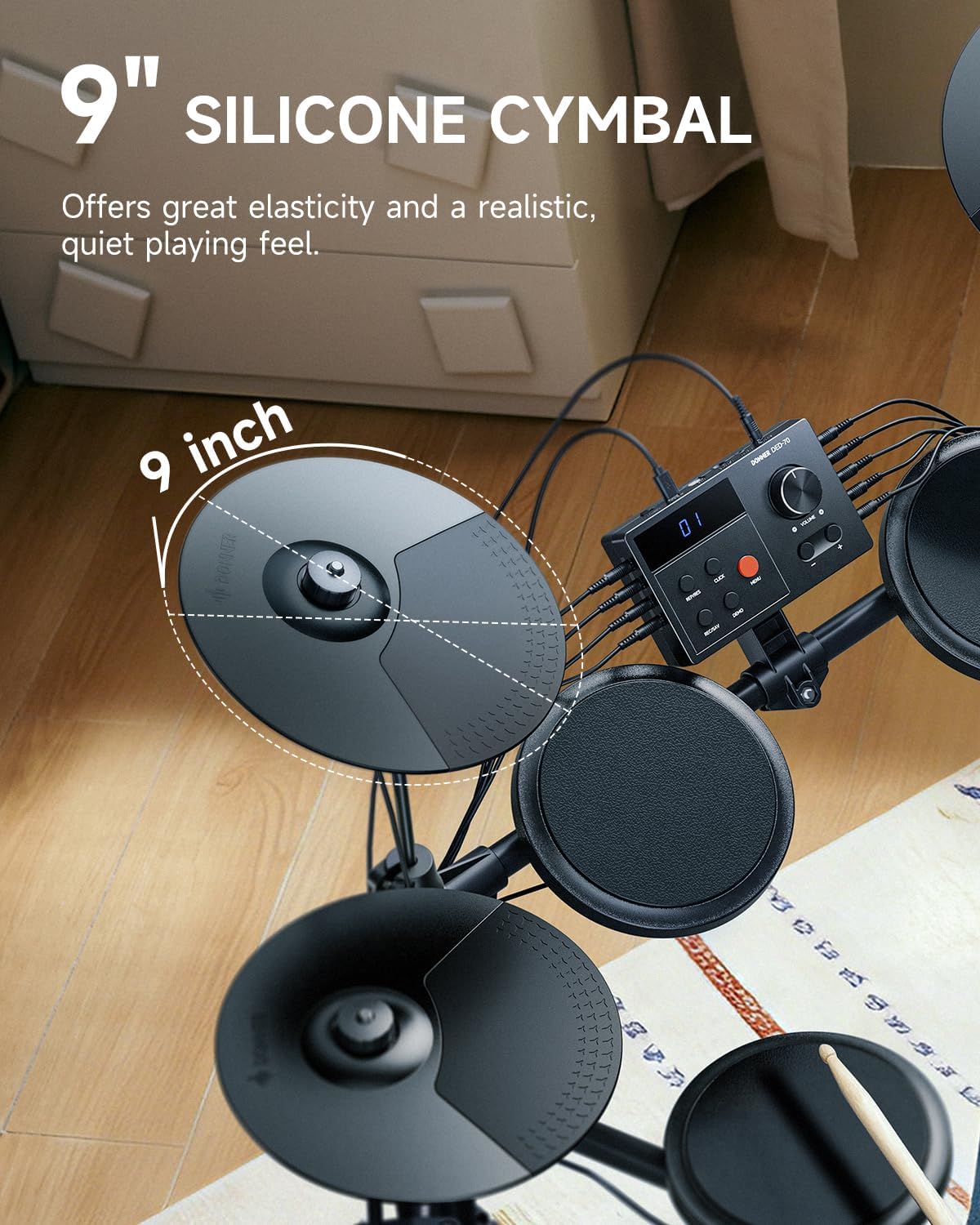 DED-70SE Electronic Drum Set for Kids, Electric Drum Kit with 150 Sounds, 4 Quiet Silicone Pads, 9" Cymbals, USB