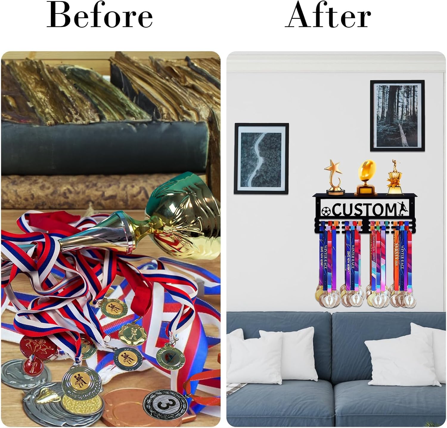Medal Hanger Display with Trophy Shelf - Durable Metal Rack for Award Ribbon Hanger Holds Up to 16 Medals 5 Trophies