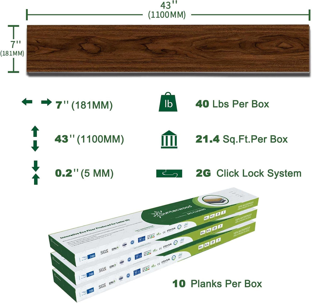 SPC Click Lock Luxury Vinyl Flooring Plank | 21.4 Sq.Ft | Thick 5 mm | Wood Floating LVP Floor Tile| 100% Waterproof