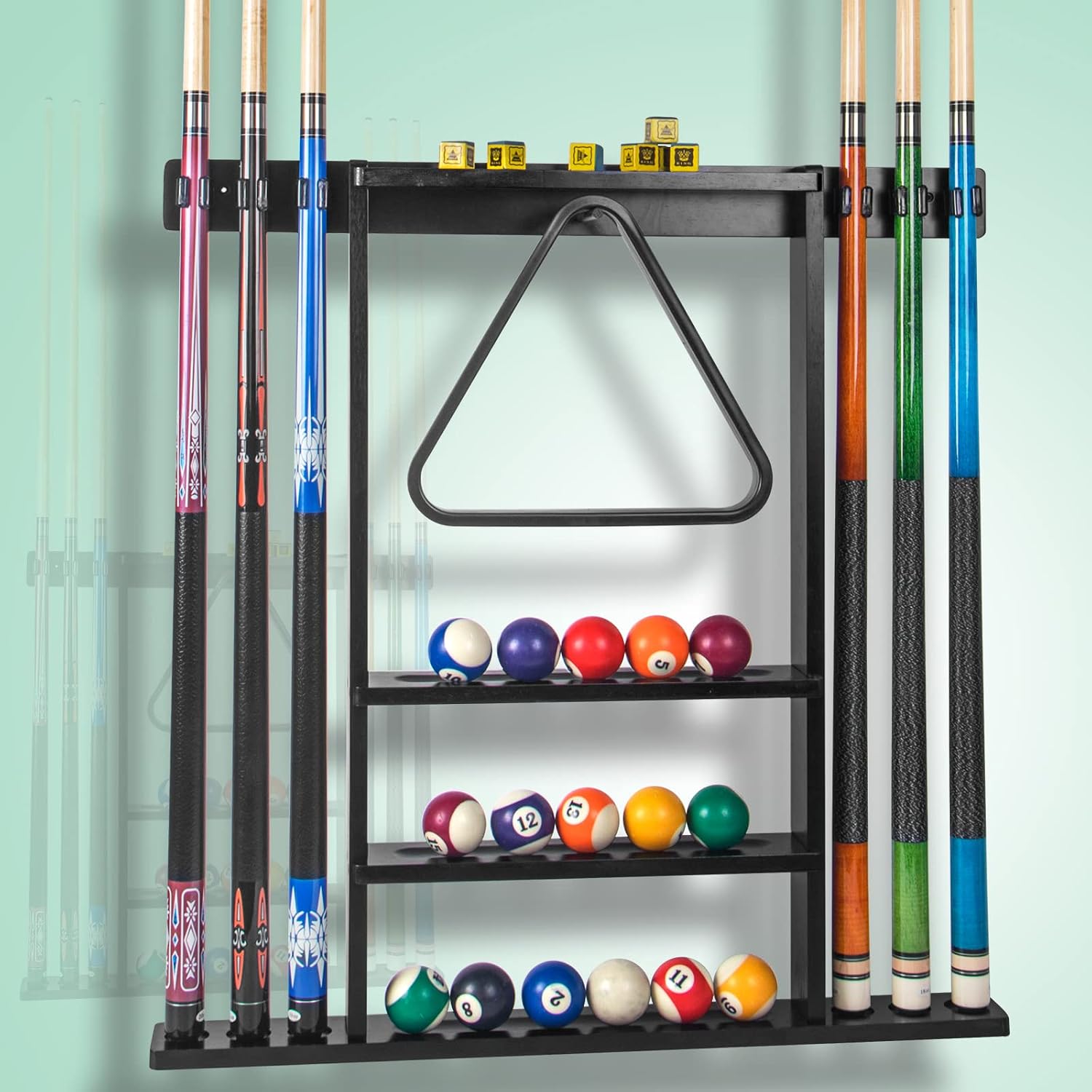 Black Pool Stick Holder, Wall Mount Pool Cue Rack ,Solid Wood Floor Stand for billiard cue sticks,Holds 6 Pool Cues &