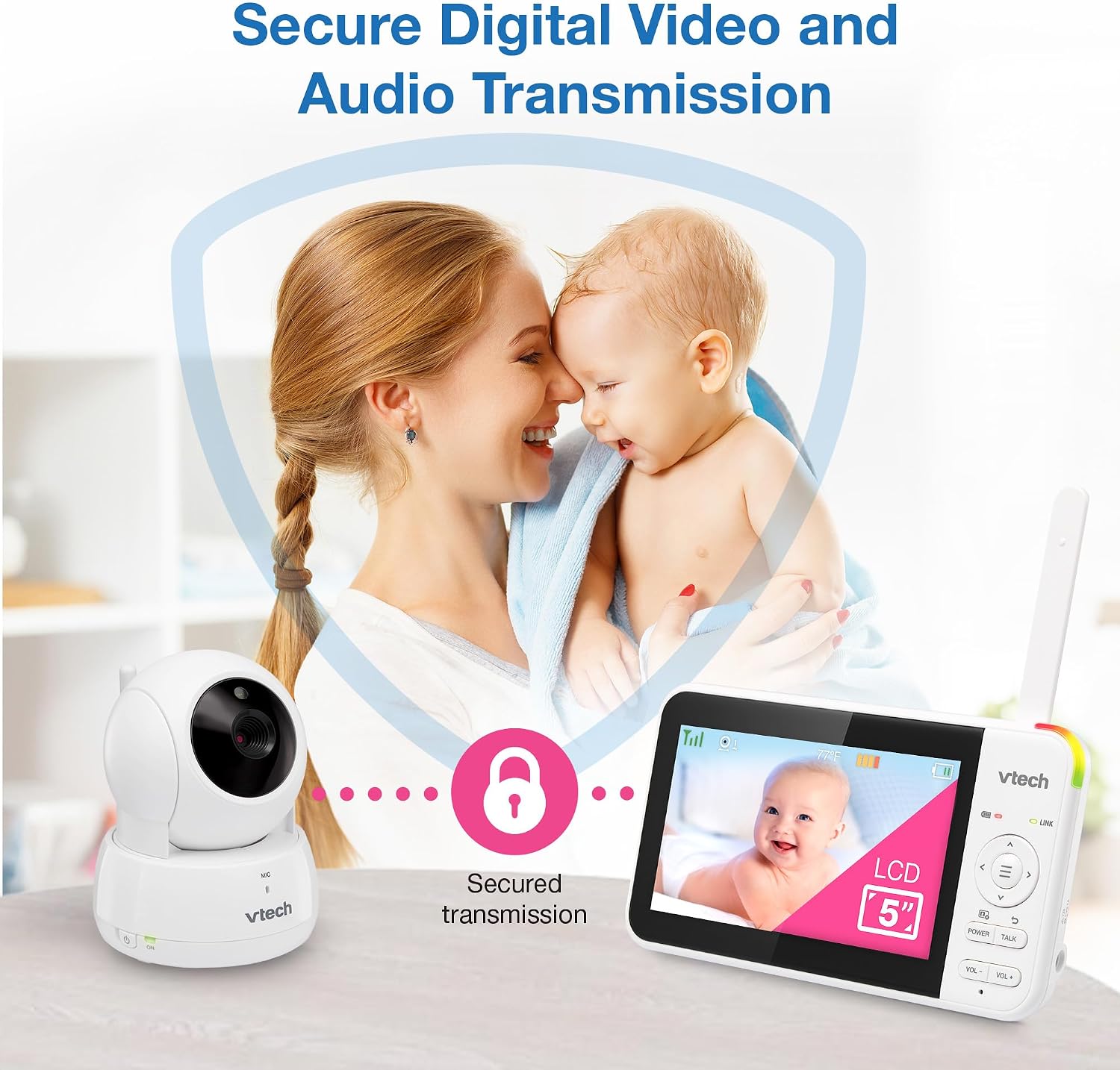 Baby Monitor No WiFi, 5" Screen & Remote Pan-Tilt-Zoom for Newborns – Hack-Proof, 17Hr Battery, 1000ft Range, Auto
