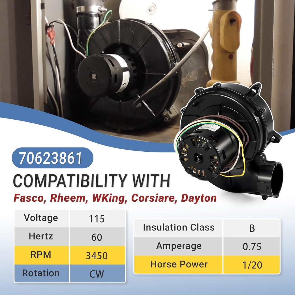 70623861 Furnace Draft Inducer Motor, A136 Fit for Fasco, Rheem, Ruud, WKing, Corsiare, Dayton Exhaust Vent Venter Blower Motor 115V 60HZ 3450RPM - Replace 70625177, 702403301, RGRA-07EMAES