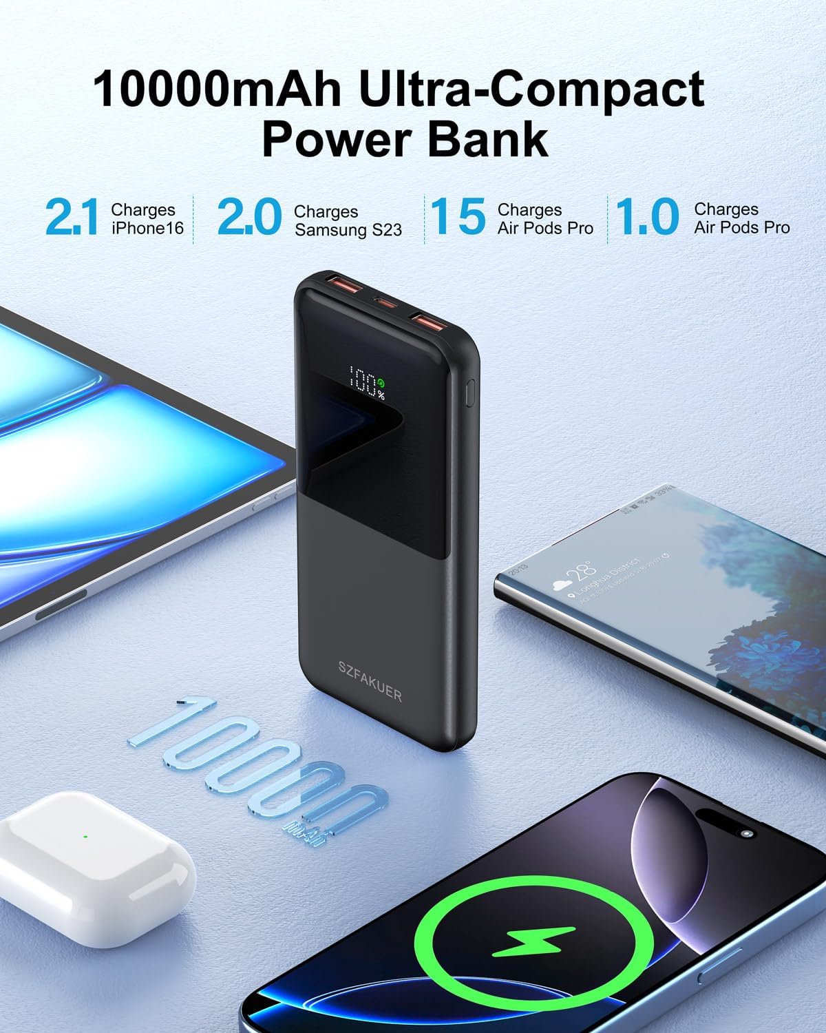 Portable Charger,Slim 10000mAh Power Bank,22.5W USB-C Fast Charging Battery Pack Compatible with iPhone