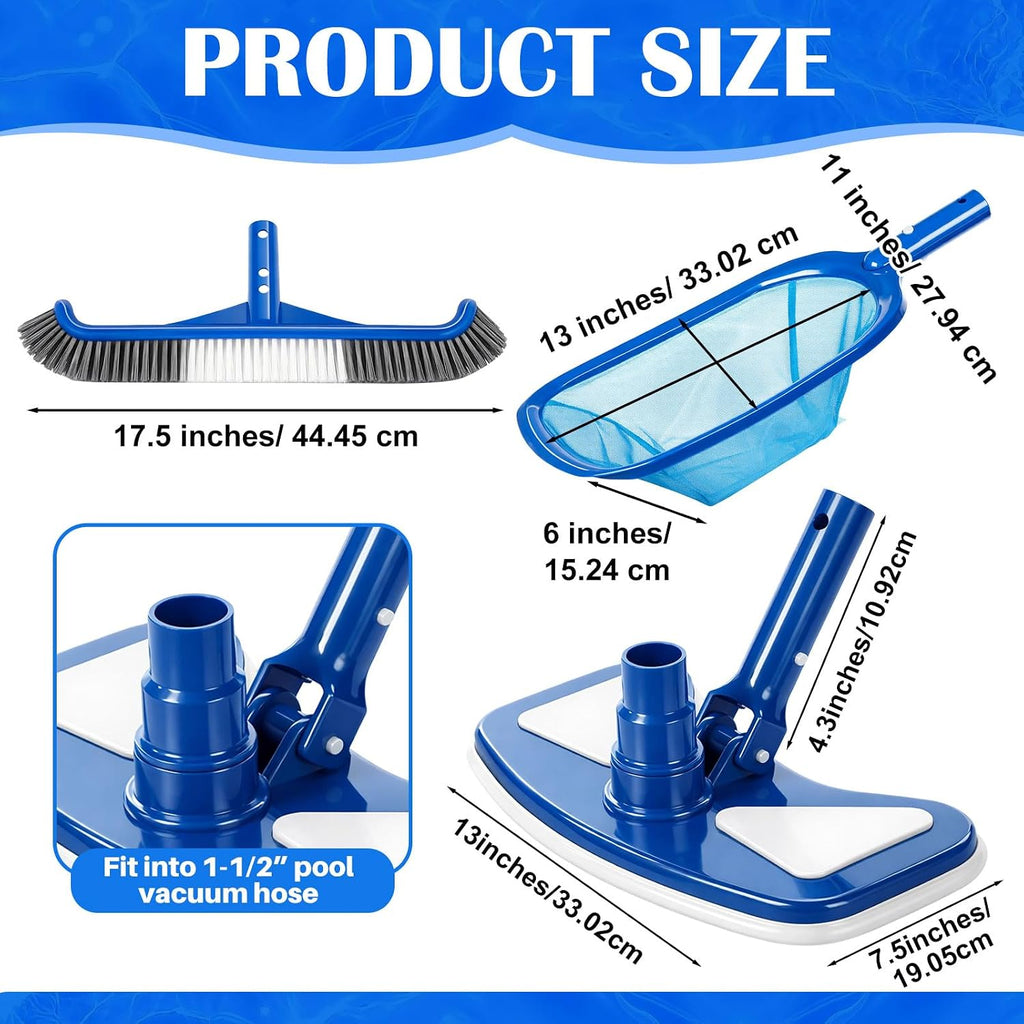 3 Pcs Pool Cleaning Kit Manual Pool Vacuum Head with Bottom Brushes, Large Brush and Skimmer Net Fine Mesh for Above