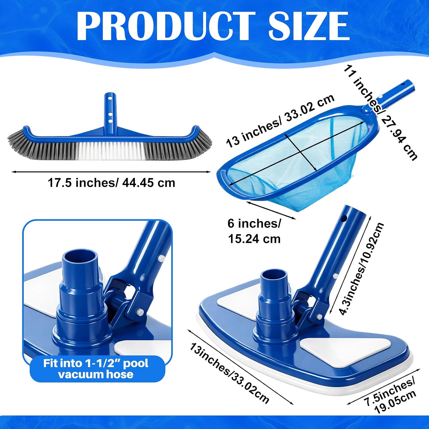 3 Pcs Pool Cleaning Kit Manual Pool Vacuum Head with Bottom Brushes, Large Brush and Skimmer Net Fine Mesh for Above