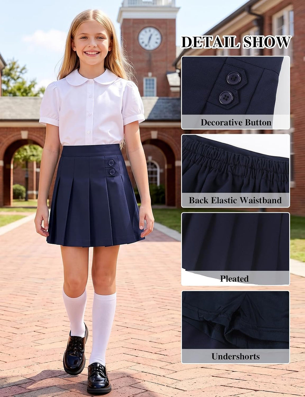 Girls Button Pleated Scooter Skirt School Uniform Skort (5-12 Years)