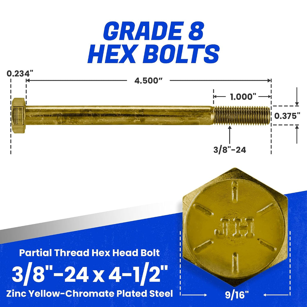 Fastenere 3/8"-24 x 4-1/2" Hex Bolts Grade 8 Zinc Yellow-Chromate Plated Steel, Partial Threaded Durable Hex Bolts for Machinery & Construction, Rust-Resistant, Heavy-Duty Fasteners, Pack of 10