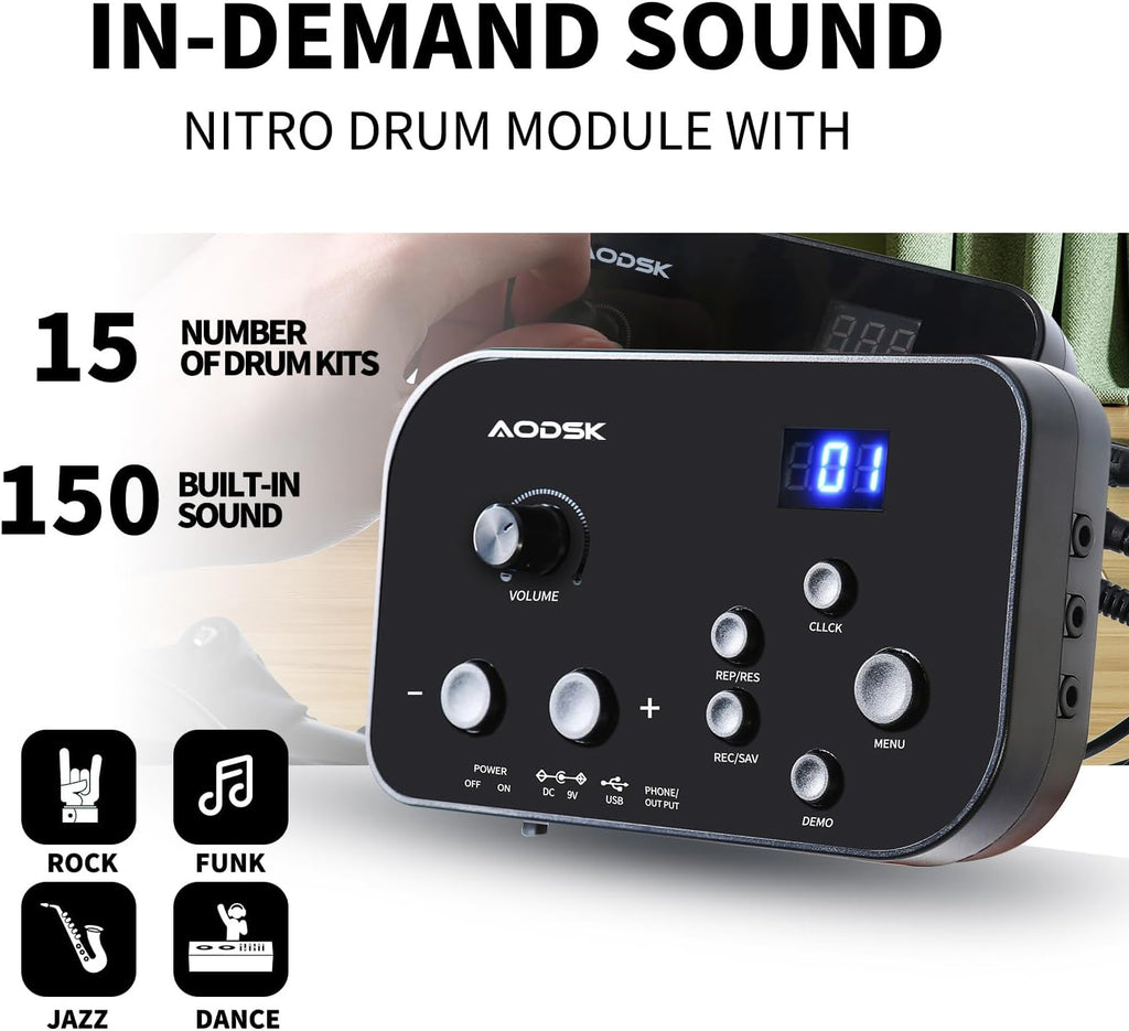 Electric Drum Set For Beginner 150 Sounds,4 Quiet Drum Pads,2 Pedals | 10"Cymbals,Throne,Sticks,USB MIDI,Electronic