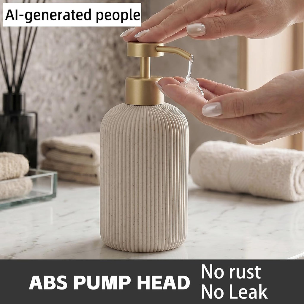 Soap Dispenser14.2OZ, 2PCS Luxurious Stripe,Beige, Gold Pump | Modern,Hand Dish Soap Dispenser Set, Refillable Lotion