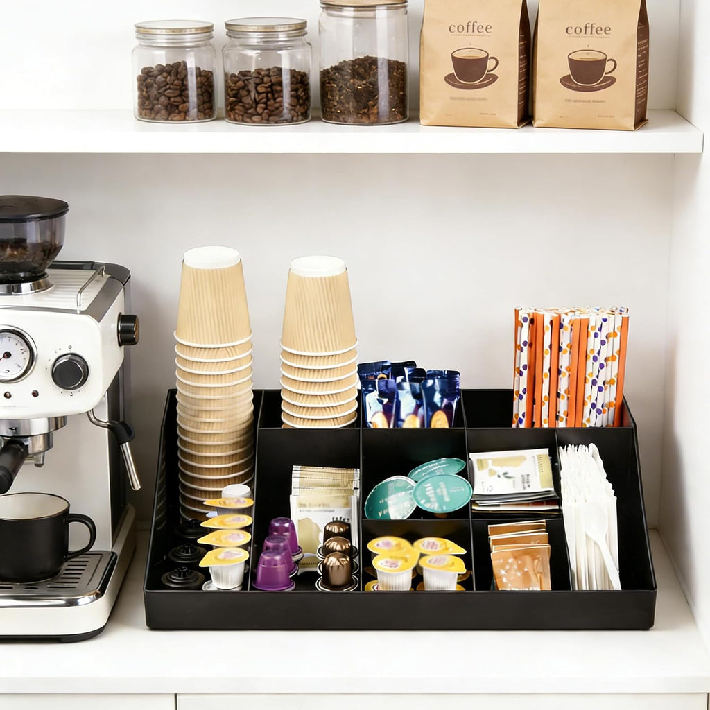 Coffee Condiment Organizer Holder 10-Compartment Black
