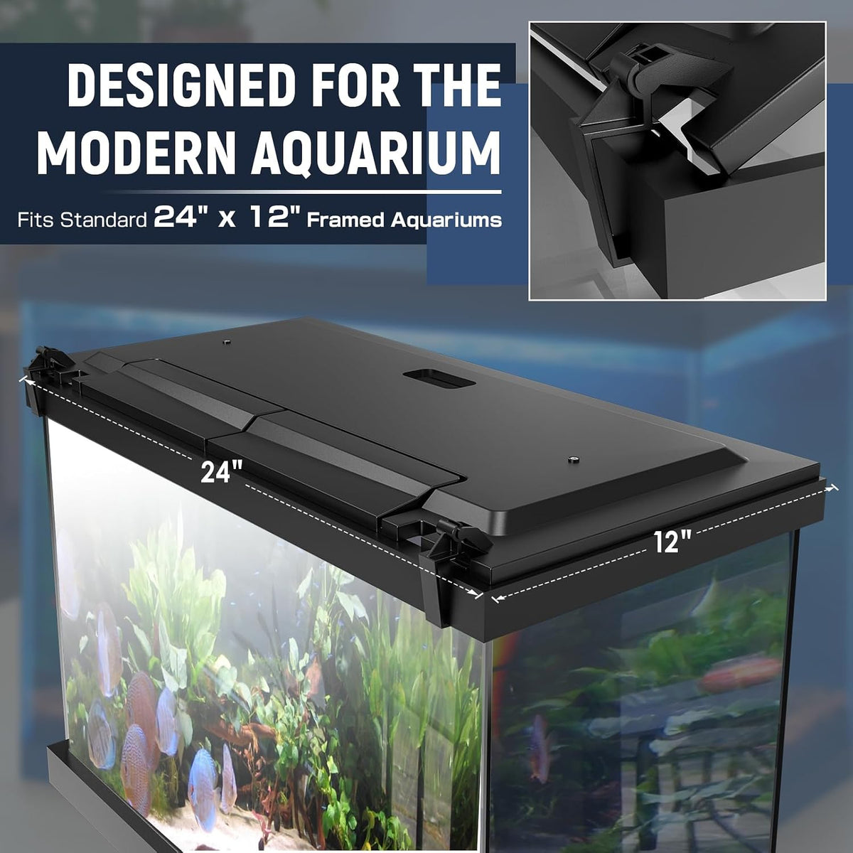 LED Aquarium Hood, White Lights, Fits 24" Framed Aquariums, Black