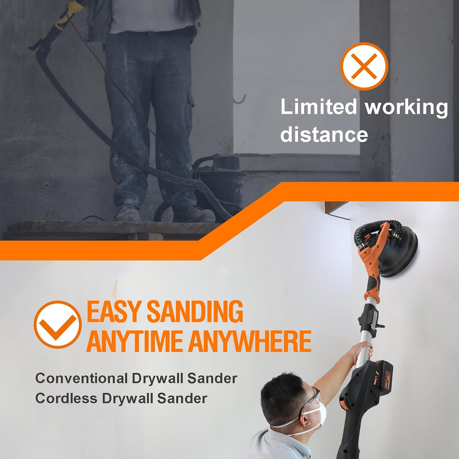 Cordlees Drywall Sander with Vacuum Dust Collection, Brushless Electric Wall Sander with 7 Variable Speed Foldable