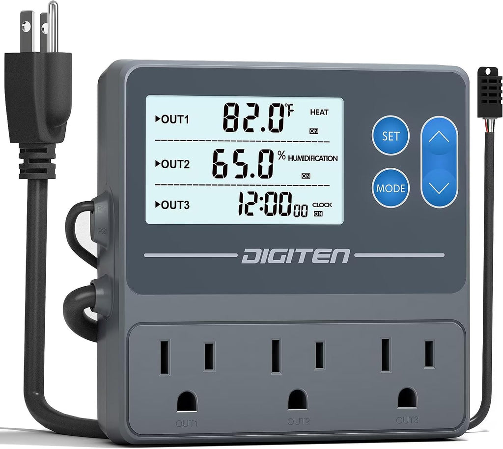 Reptile Temp & Humidity Controller with Timer Outlet | Temperature Control, Humidity Control, Timer, 3-Stage Outlet