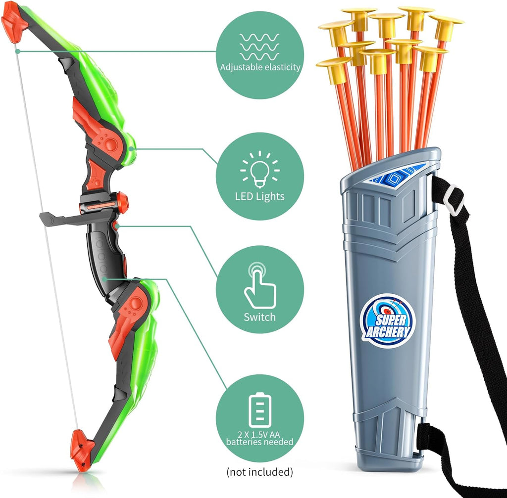 Bow and Arrow Set for Kids - Archery Toy Set - LED Light Up with Suction Cup Arrows, Target & Quiver, Indoor and